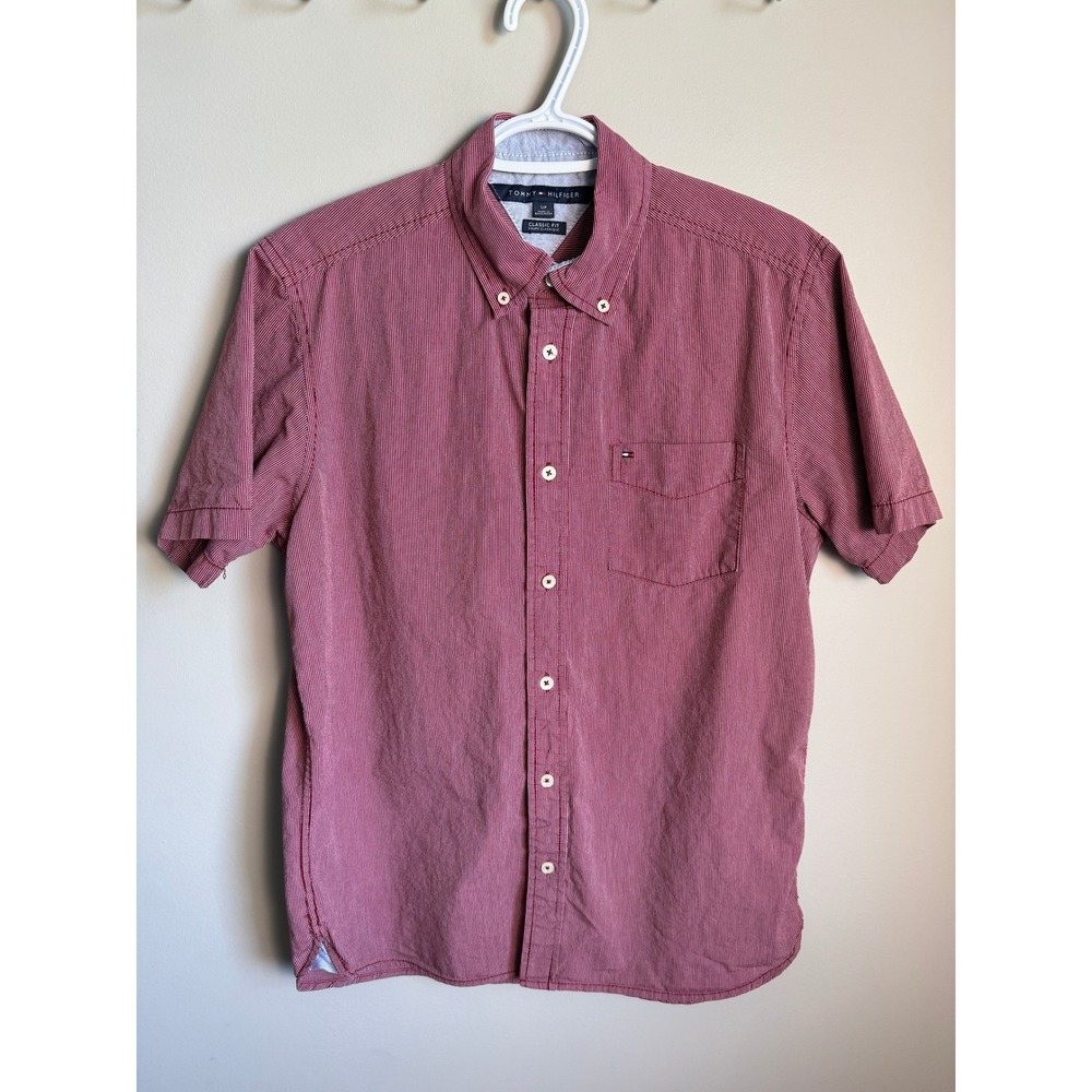 Tommy Hilfiger Mens Reddish Pink Striped Short Sleeve Shirt S Preppy Classic Fit